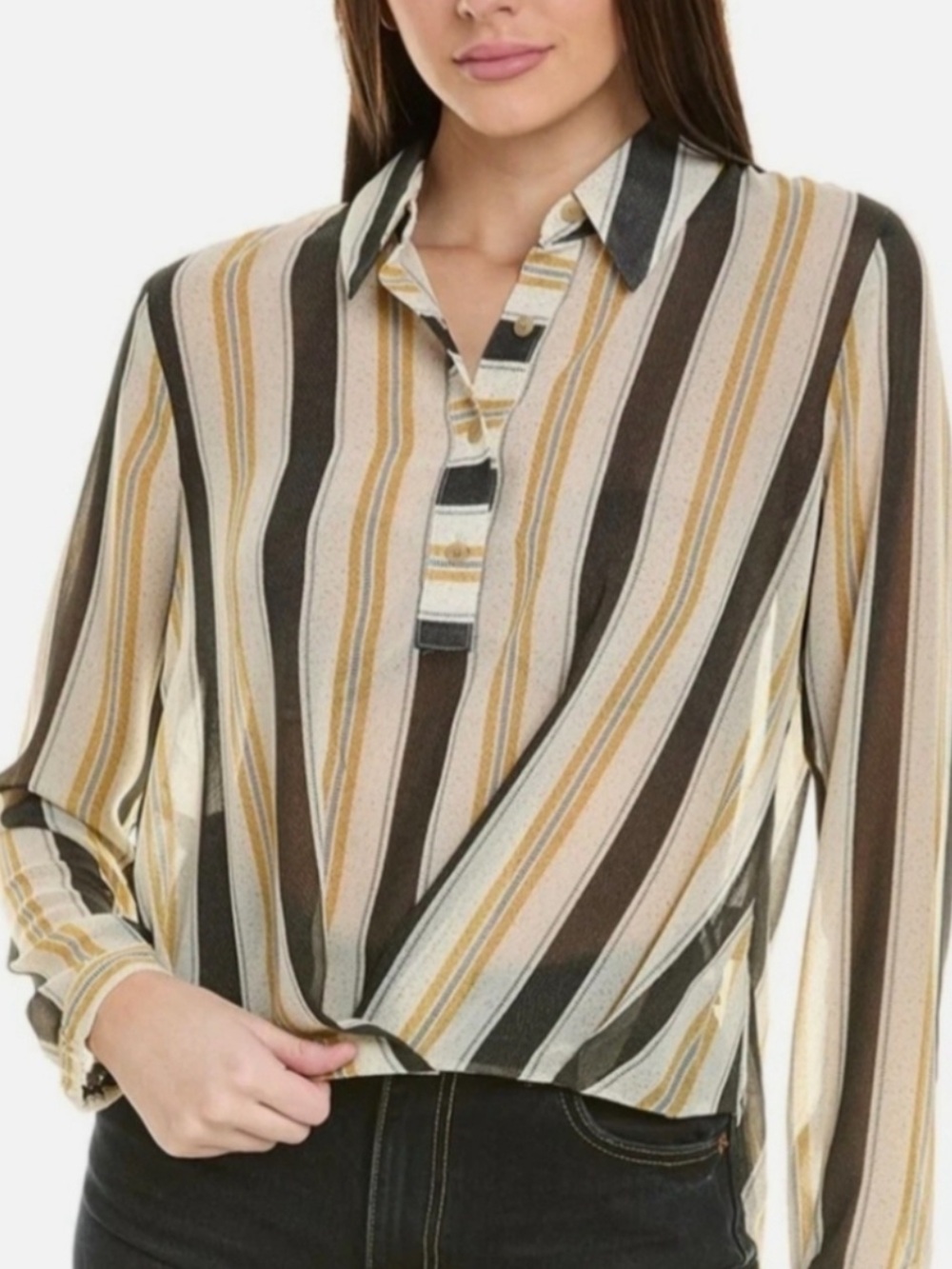 CAbi | Caliber Blouse #4339 Ivory Gold Gray Pattern Lightweight Sz XL